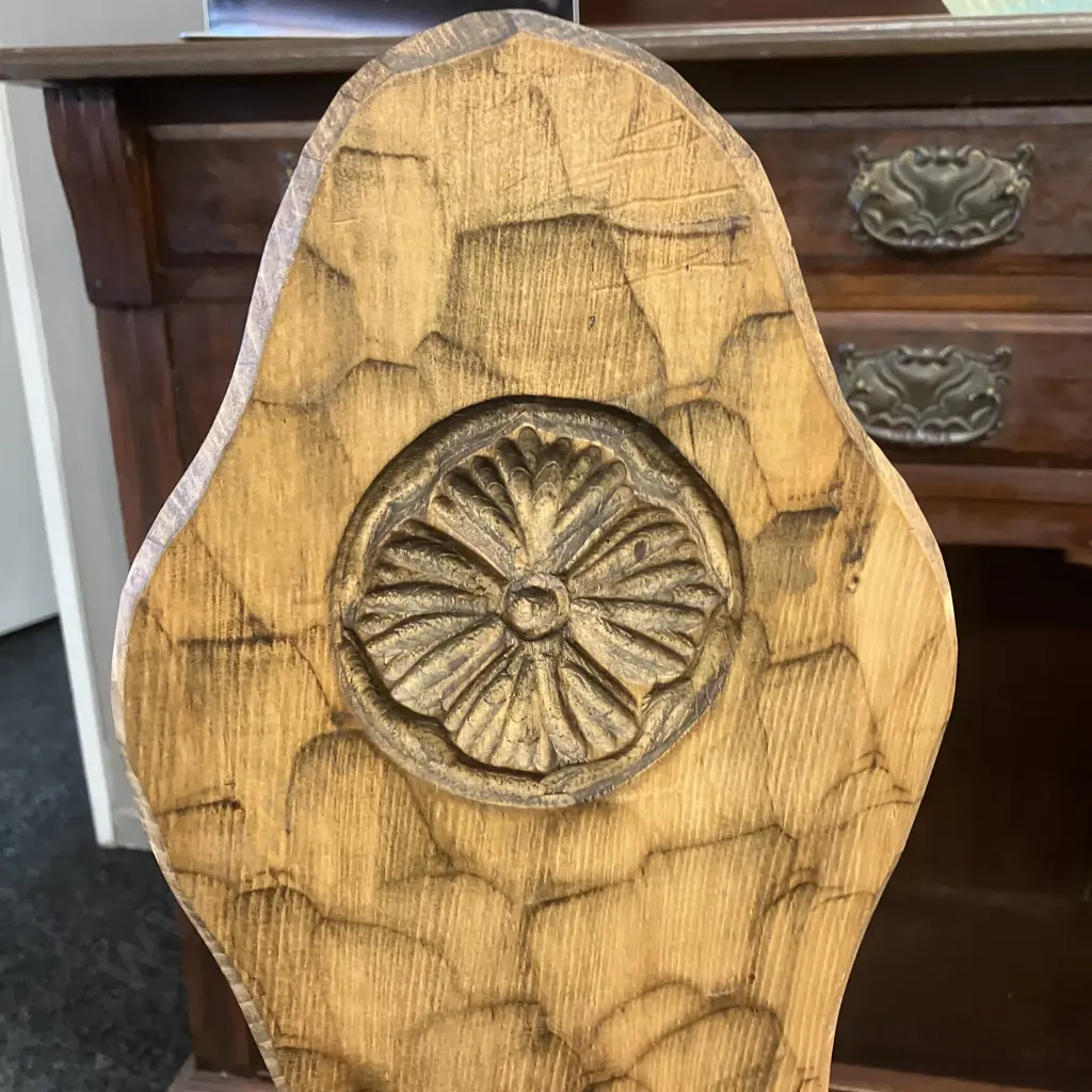 Arts & Crafts Small Adzed Spinning Chair with Carved Rosette. H92cm. Seat H35.5 W27.5 D40cm Image 1++