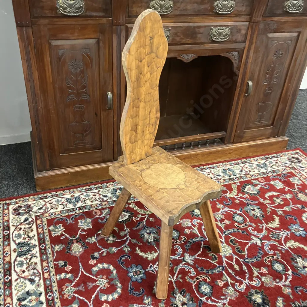 Arts & Crafts Small Adzed Spinning Chair with Carved Rosette. H92cm. Seat H35.5 W27.5 D40cm Image 1++