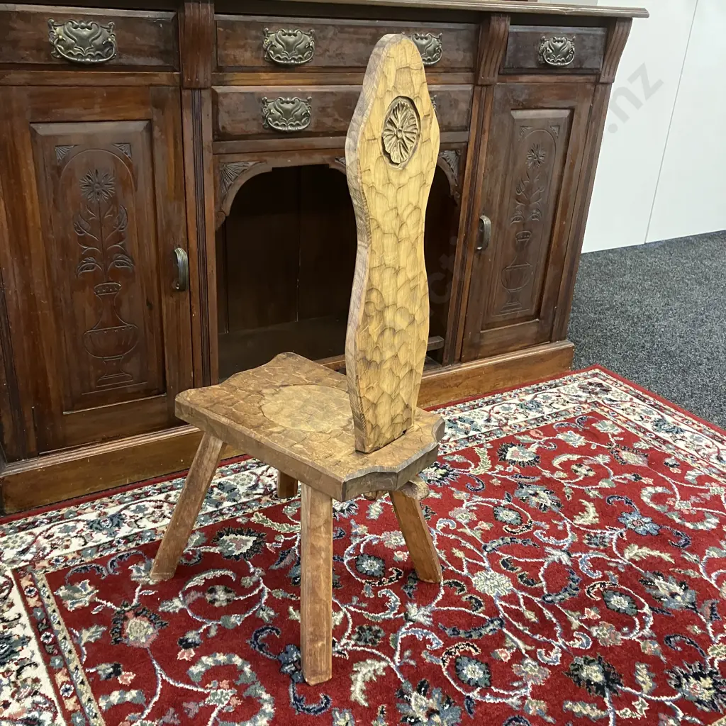 Arts & Crafts Small Adzed Spinning Chair with Carved Rosette. H92cm. Seat H35.5 W27.5 D40cm Image 1++