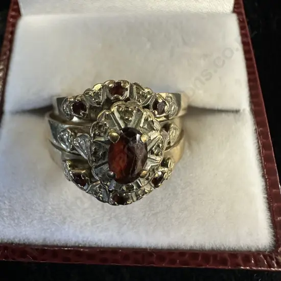 9ct Gold Trio Set With Garnet & Diamonds Stamped 375 (One Ring Damaged)