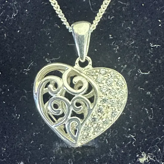 Stamped 925 Silver Love Heart Pendant Necklace With Clear Stones