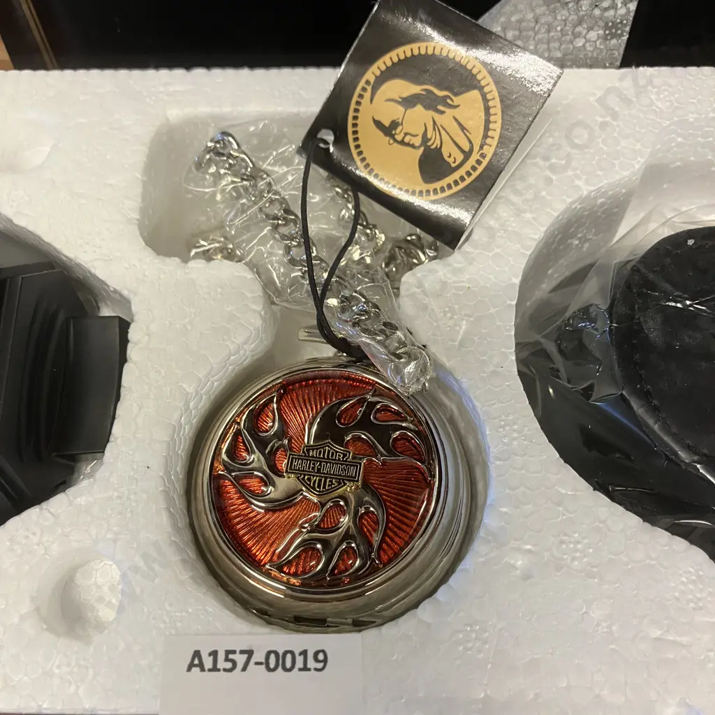 Franklin Mint Harley Davison Motorcycles Collectors Pocket Watch, Case, Chain and Stand - Boxed Image 1++