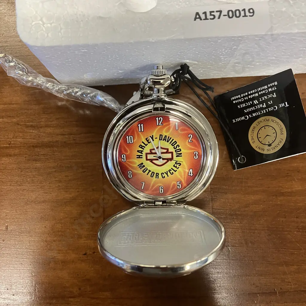 Franklin Mint Harley Davison Motorcycles Collectors Pocket Watch, Case, Chain and Stand - Boxed Image 1++