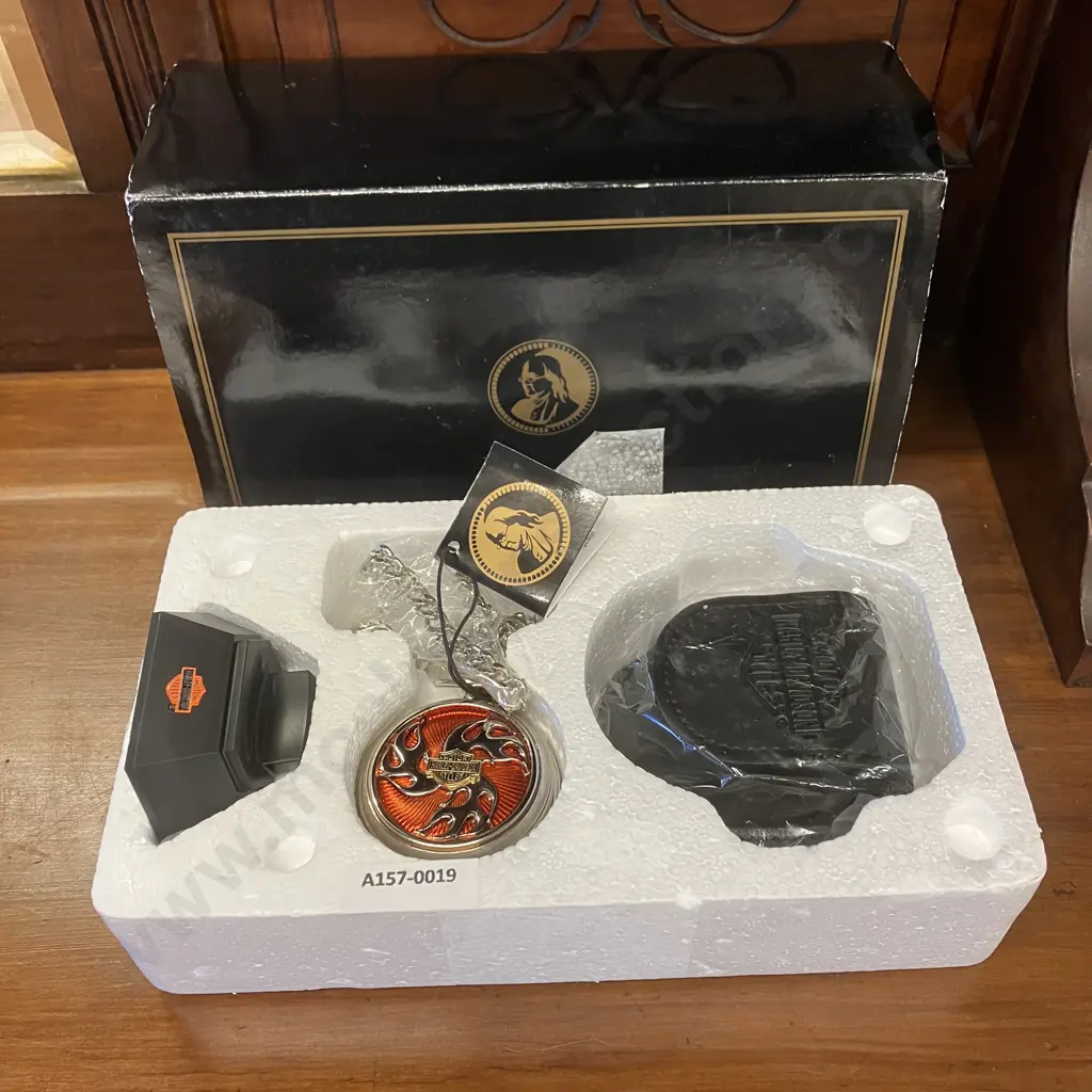 Franklin Mint Harley Davison Motorcycles Collectors Pocket Watch, Case, Chain and Stand - Boxed Image 1++