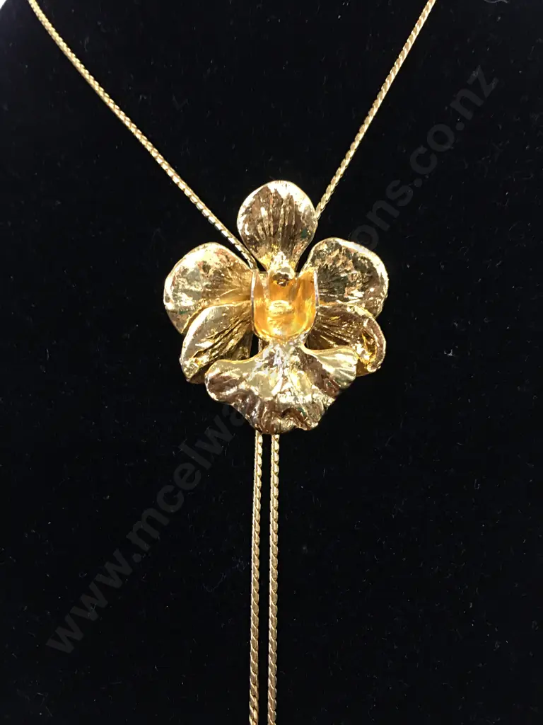 Risis Of Singapore Long Slider Necklace Miniature Replica Of The Live Orchid & Plated In 22 K Gold Image 1++
