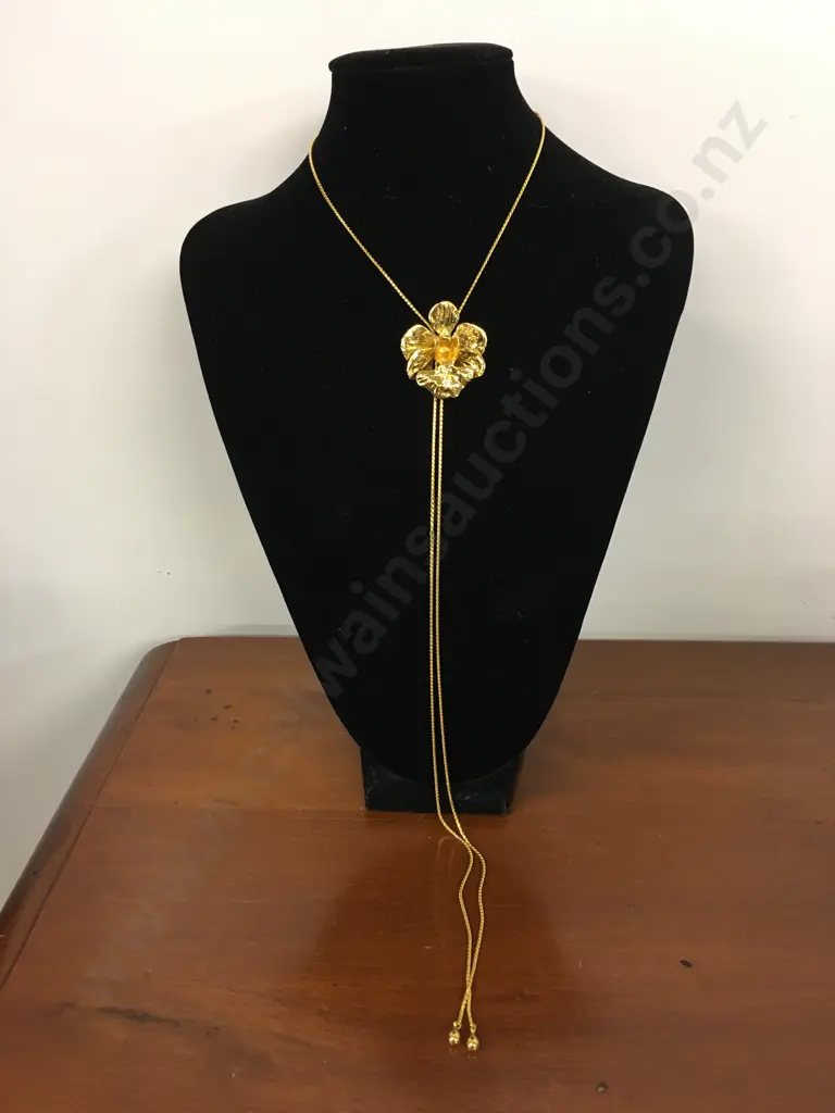 Risis Of Singapore Long Slider Necklace Miniature Replica Of The Live Orchid & Plated In 22 K Gold Image 1++