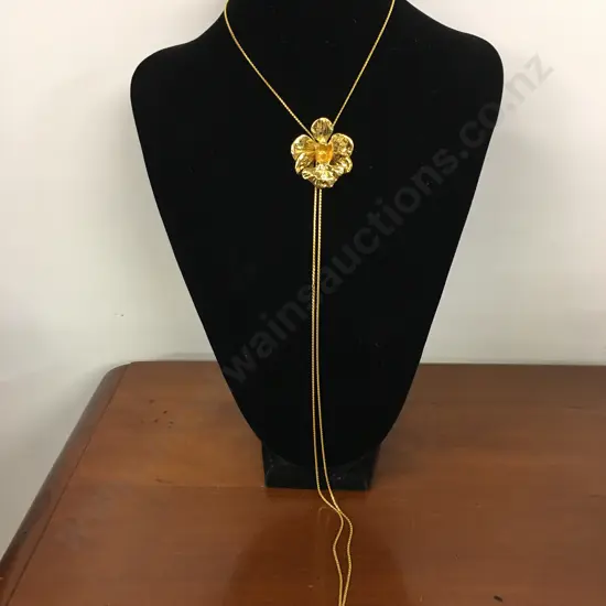 Risis Of Singapore Long Slider Necklace Miniature Replica Of The Live Orchid & Plated In 22 K Gold