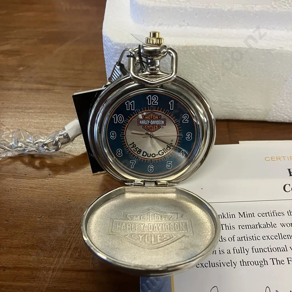 Franklin Mint Harley Davison 1958 Duo-Glide Collectors Pocket Watch , Case, Chain and Stand - Boxed Image 1++