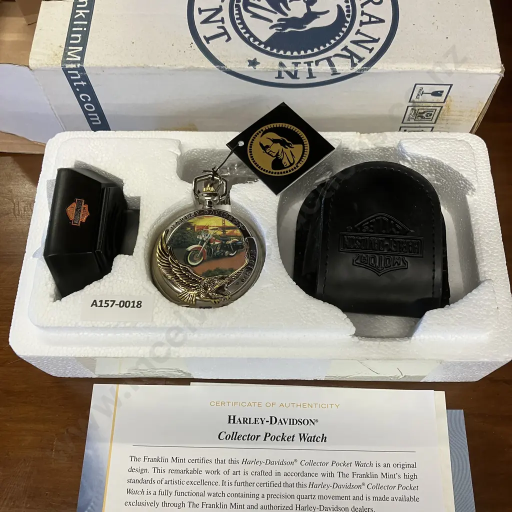 Franklin Mint Harley Davison 1958 Duo-Glide Collectors Pocket Watch , Case, Chain and Stand - Boxed Image 1++