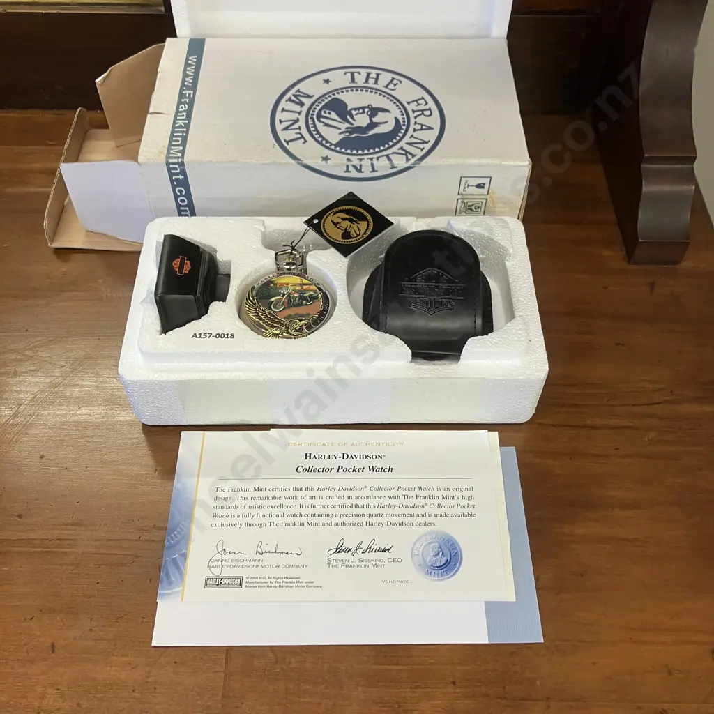 Franklin Mint Harley Davison 1958 Duo-Glide Collectors Pocket Watch , Case, Chain and Stand - Boxed Image 1++