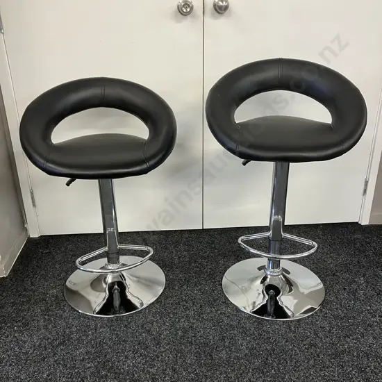 Pair of Black Faux Leather Swivel Adjustable Height Chrome Bars Stools