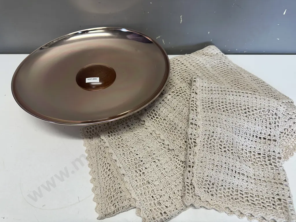 Retro Anolux Anodised Products Metal and Mahogany Dish - Auckland, NZ. Dia 36.5cm. & Vintage Crochet Table Runners Image 1++