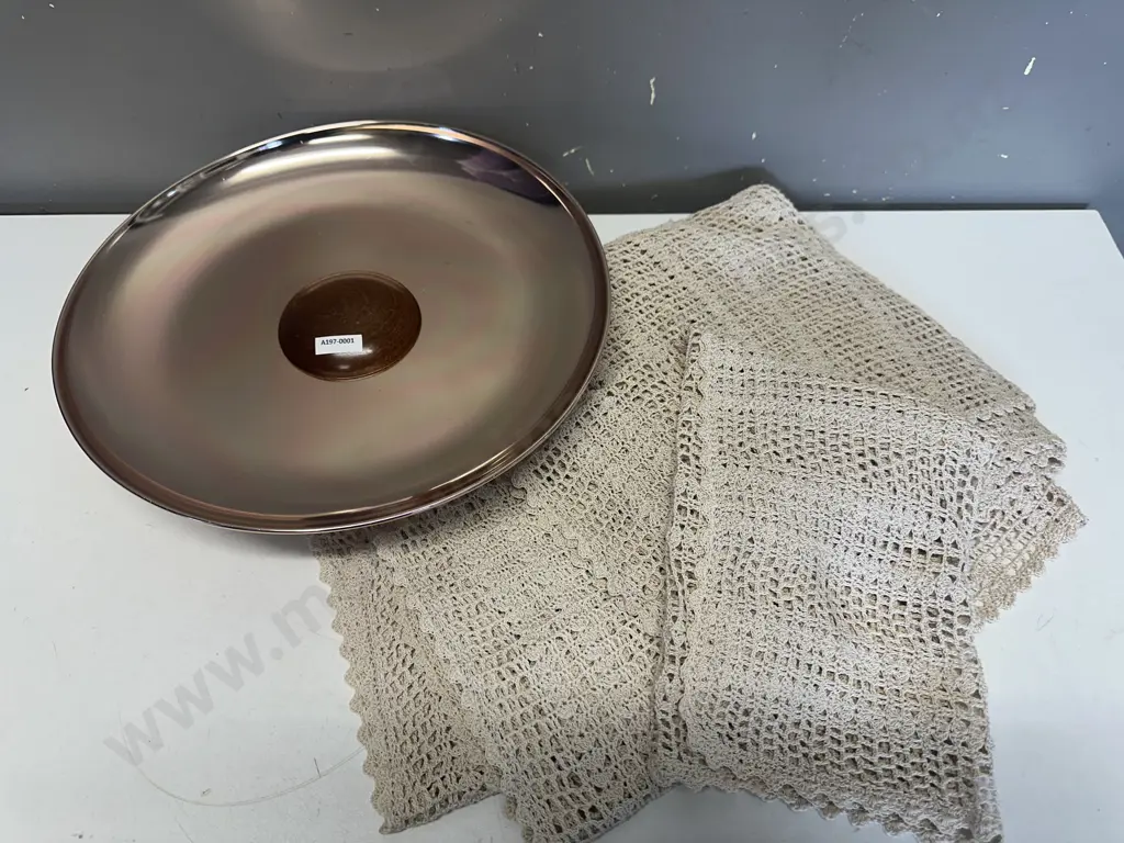 Retro Anolux Anodised Products Metal and Mahogany Dish - Auckland, NZ. Dia 36.5cm. & Vintage Crochet Table Runners Image 1++