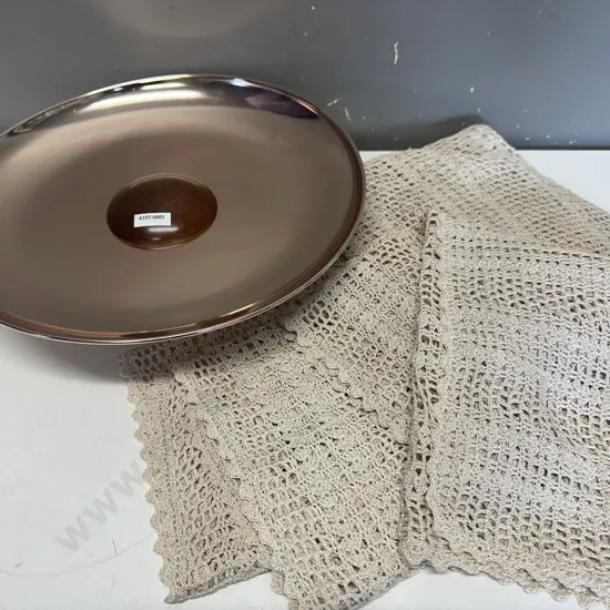 Retro Anolux Anodised Products Metal and Mahogany Dish - Auckland, NZ. Dia 36.5cm. & Vintage Crochet Table Runners