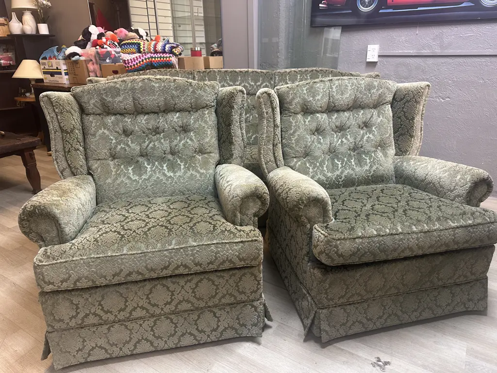 Danske Mobler NZ 3+1+1 Wingback Lounge Suite Upholstered In Green Embossed Draylon Image 1++