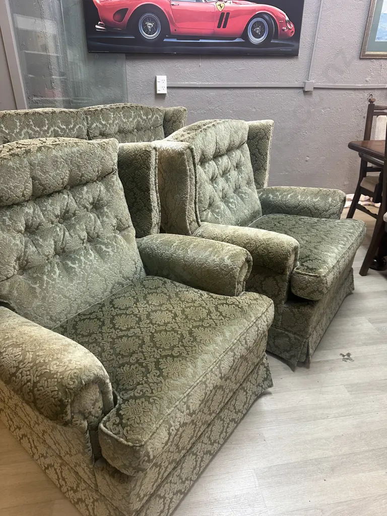 Danske Mobler NZ 3+1+1 Wingback Lounge Suite Upholstered In Green Embossed Draylon Image 1++