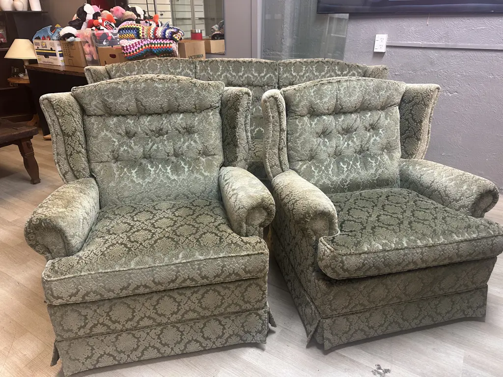 Danske Mobler NZ 3+1+1 Wingback Lounge Suite Upholstered In Green Embossed Draylon Image 1++
