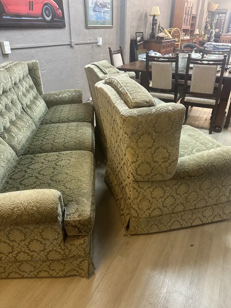 Danske Mobler NZ 3+1+1 Wingback Lounge Suite Upholstered In Green Embossed Draylon Image 1++