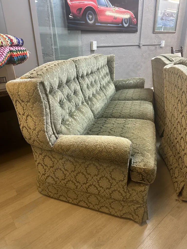 Danske Mobler NZ 3+1+1 Wingback Lounge Suite Upholstered In Green Embossed Draylon Image 1++