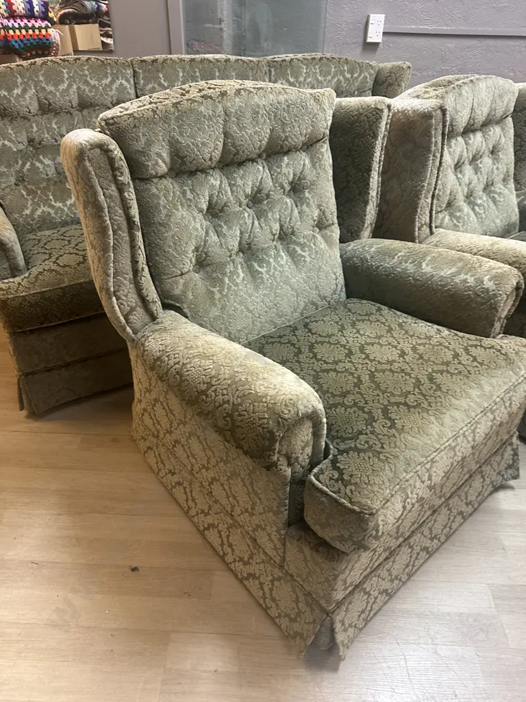 Danske Mobler NZ 3+1+1 Wingback Lounge Suite Upholstered In Green Embossed Draylon Image 1++
