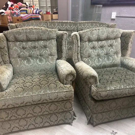 Danske Mobler NZ 3+1+1 Wingback Lounge Suite Upholstered In Green Embossed Draylon