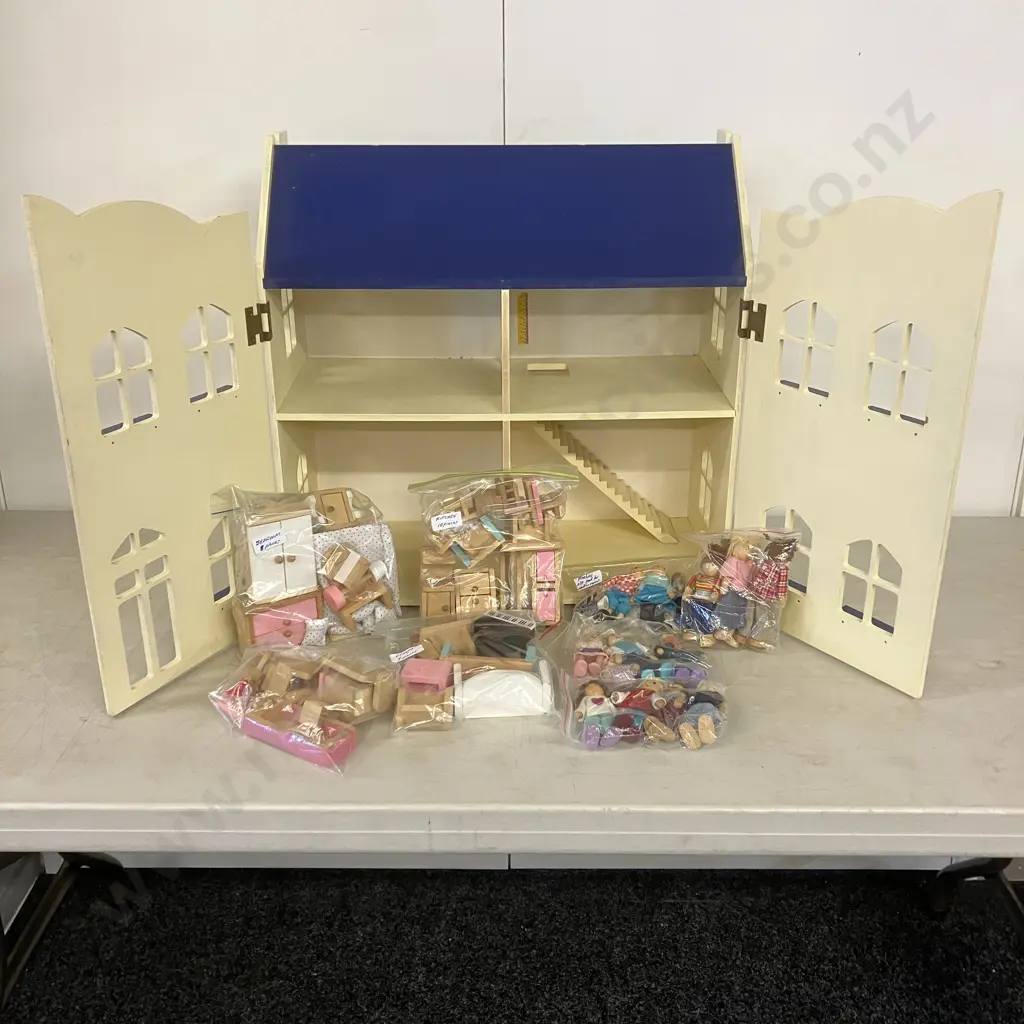 Yellow & Blue Painted Wooden Dolls House With Furniture & Dolls. H59.5 W59 D29cm Image 1++