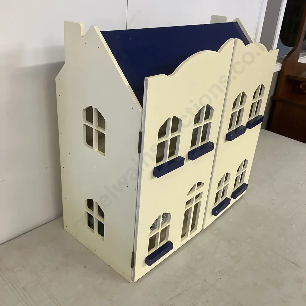 Yellow & Blue Painted Wooden Dolls House With Furniture & Dolls. H59.5 W59 D29cm Image 1++