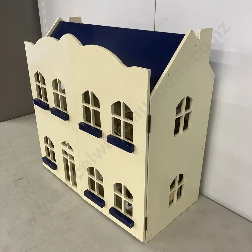 Yellow & Blue Painted Wooden Dolls House With Furniture & Dolls. H59.5 W59 D29cm Image 1++