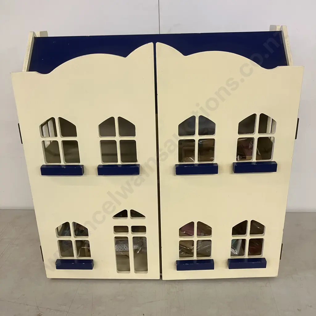 Yellow & Blue Painted Wooden Dolls House With Furniture & Dolls. H59.5 W59 D29cm Image 1++