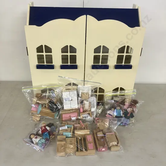 Yellow & Blue Painted Wooden Dolls House With Furniture & Dolls. H59.5 W59 D29cm