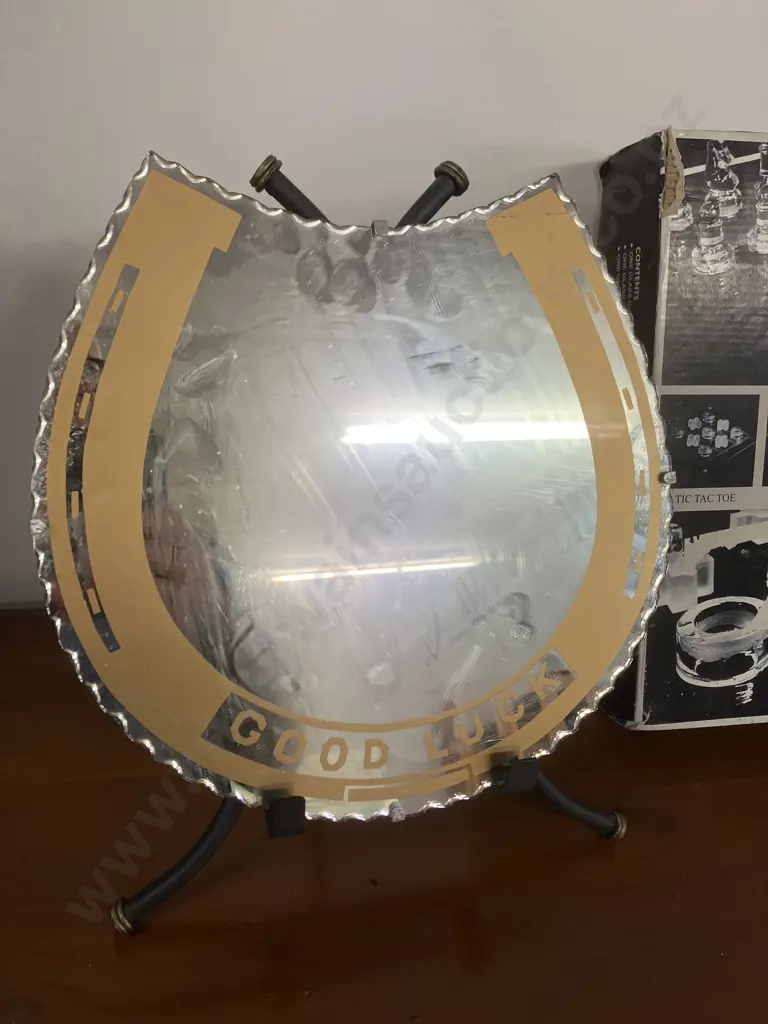 Vintage Horse Shoe Good Luck Mirror 31 x 30cm & Boxed 4 Glass Games Set Image 1++