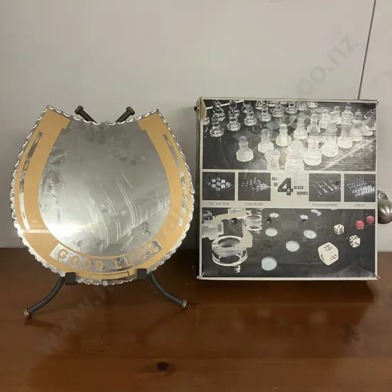 Vintage Horse Shoe Good Luck Mirror 31 x 30cm & Boxed 4 Glass Games Set
