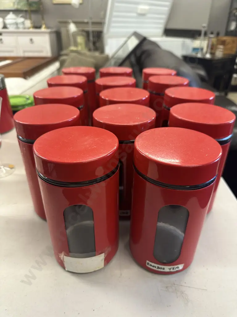 Fourteen Red Colour Lidded Storage Canisters. 18 x 10cm Image 1++