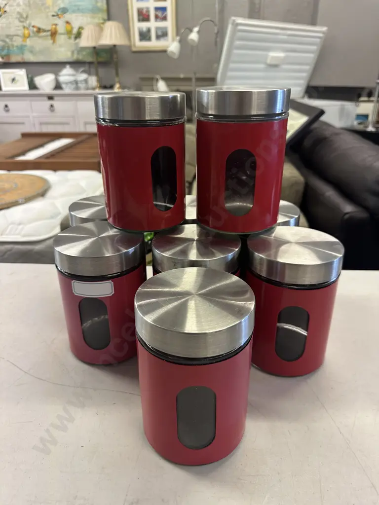 Nine Red Colour Silver Lidded Storage Canisters. 16 x 11cm Image 1++