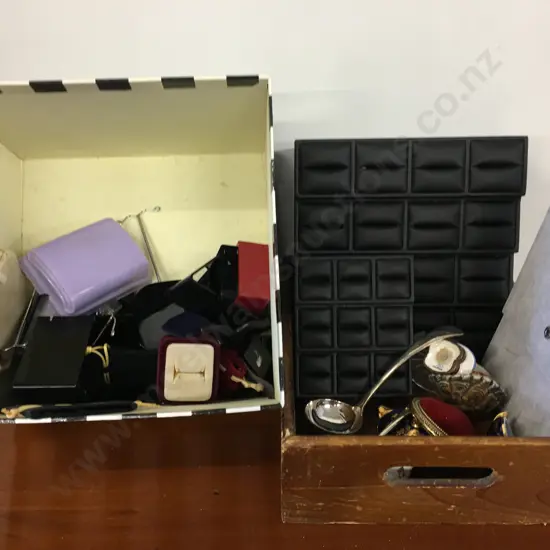 Selection Of Display Stands, Silver Spoons, Wooden Box Etc