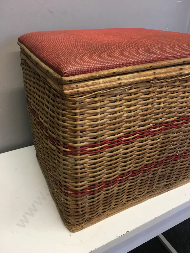Vintage Cane Storage Box With Red Padded Seat H45,W48,D39cm. Image 1++