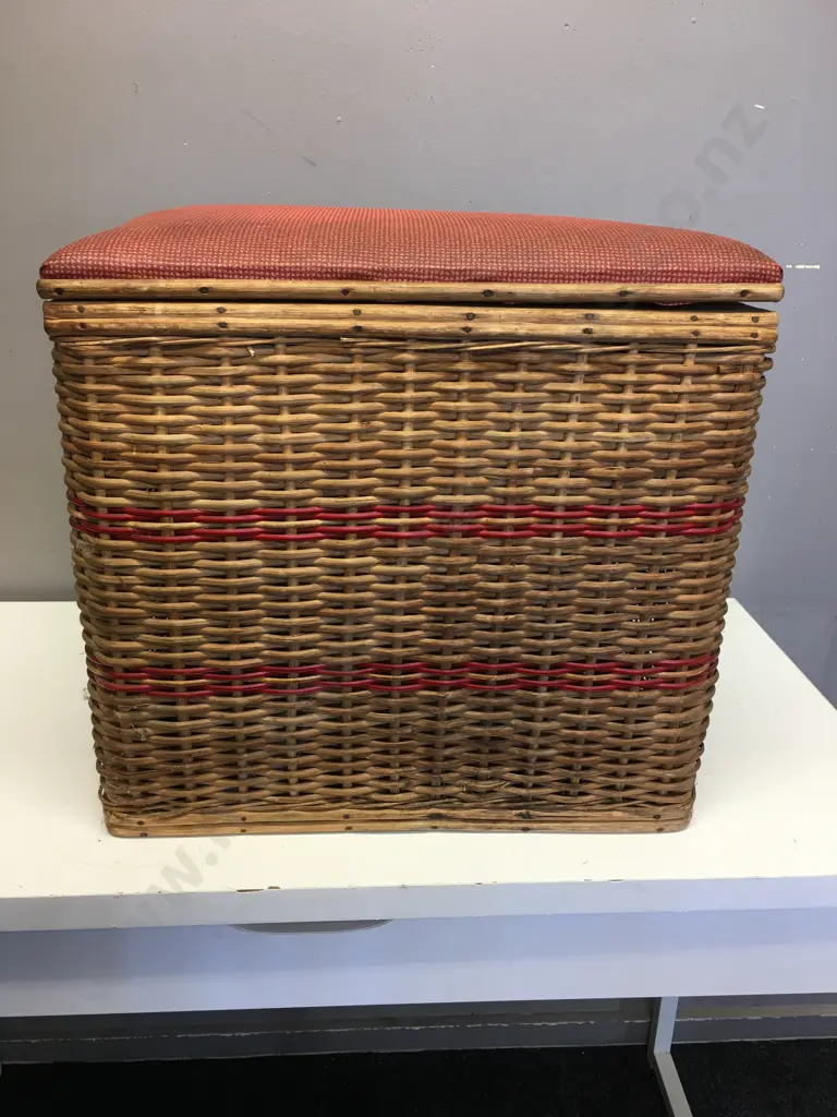 Vintage Cane Storage Box With Red Padded Seat H45,W48,D39cm. Image 1++