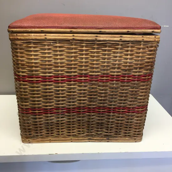 Vintage Cane Storage Box With Red Padded Seat H45,W48,D39cm.