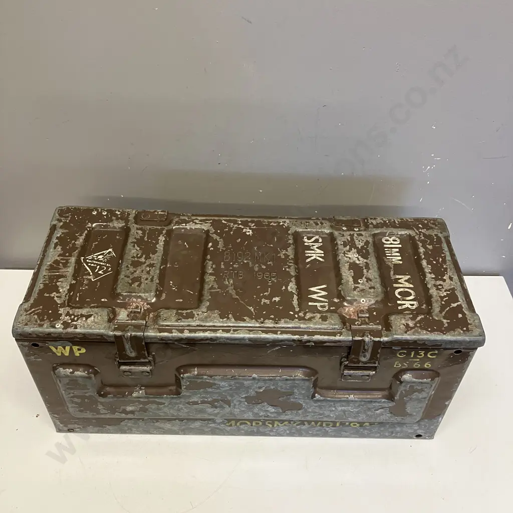 B192 MK1 RTB 1965 81mm Mortar Large Steel Ammo Box With Assorted Vintage Tools, Plumb Bobs, Hand Tools. H26 W59 D23cm Image 1++