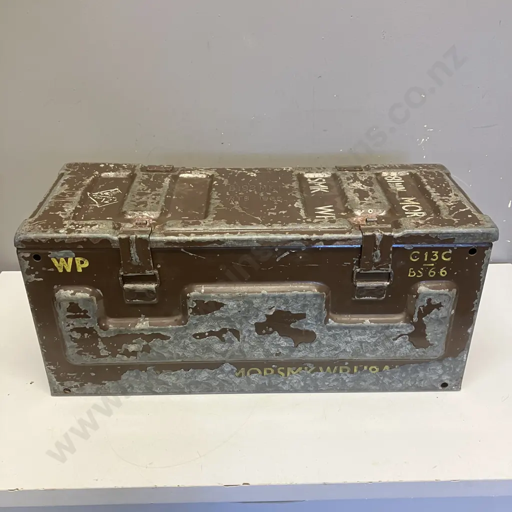 B192 MK1 RTB 1965 81mm Mortar Large Steel Ammo Box With Assorted Vintage Tools, Plumb Bobs, Hand Tools. H26 W59 D23cm Image 1++