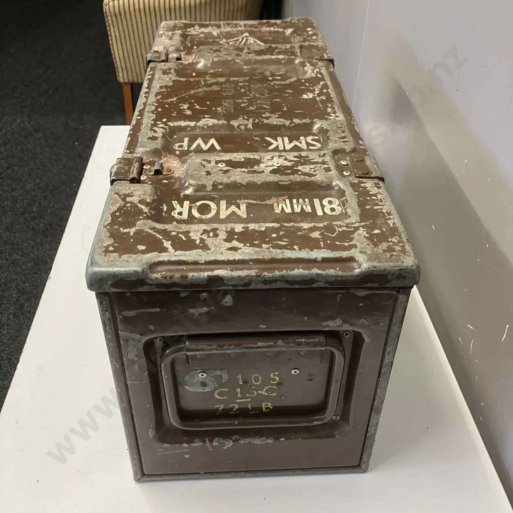 B192 MK1 RTB 1965 81mm Mortar Large Steel Ammo Box With Assorted Vintage Tools, Plumb Bobs, Hand Tools. H26 W59 D23cm Image 1++