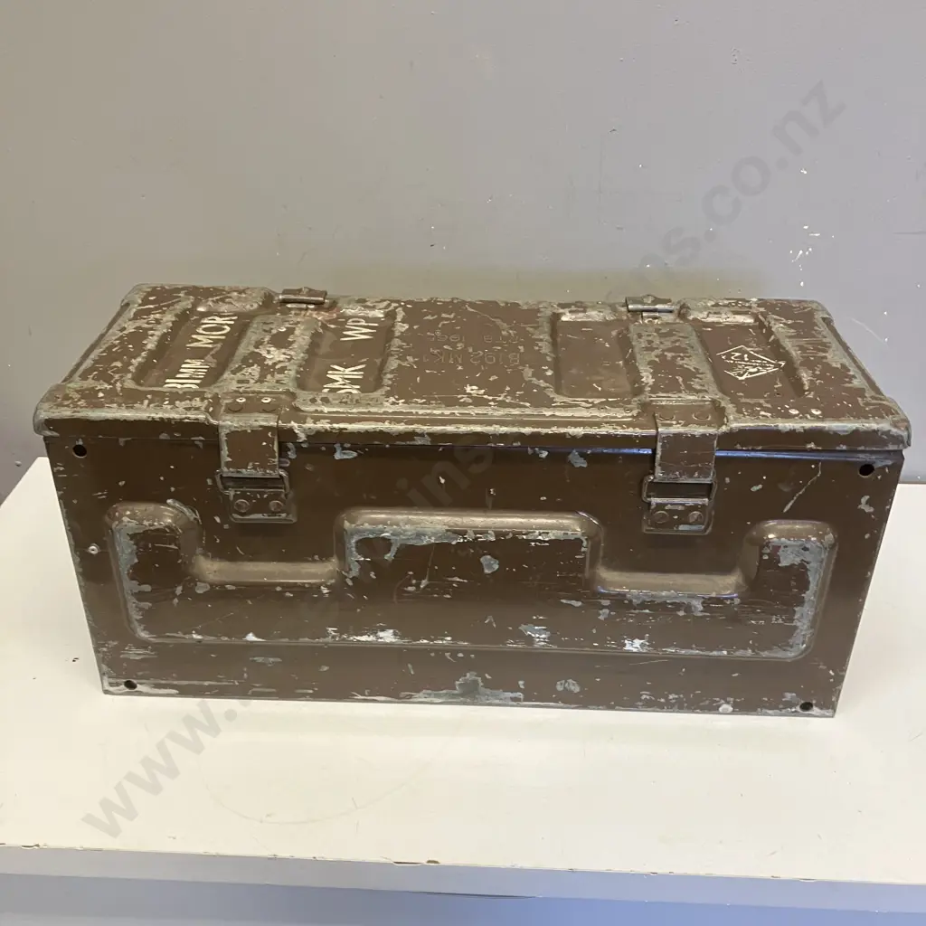 B192 MK1 RTB 1965 81mm Mortar Large Steel Ammo Box With Assorted Vintage Tools, Plumb Bobs, Hand Tools. H26 W59 D23cm Image 1++