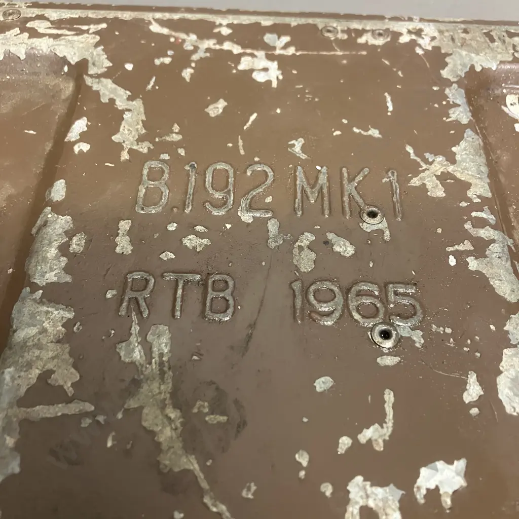 B192 MK1 RTB 1965 81mm Mortar Large Steel Ammo Box With Assorted Vintage Tools, Plumb Bobs, Hand Tools. H26 W59 D23cm Image 1++