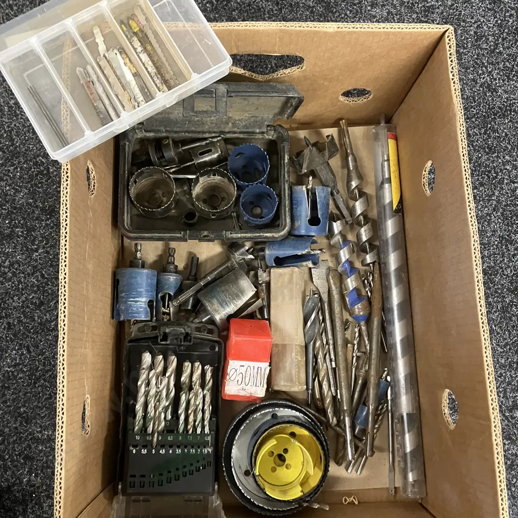 Box Lot Assorted Hole Saws, Drill Bits, Jigsaw Blades Etc Image 1++