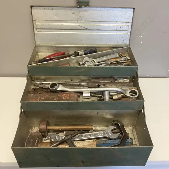 Steel Cantilevered Tool Box And Tools. H24 W46 D18cm
