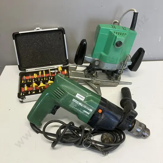 Hitachi TR-8 Electric Router, Router Bits In Case, Hitachi FDV 20VA Electric Impact Drill