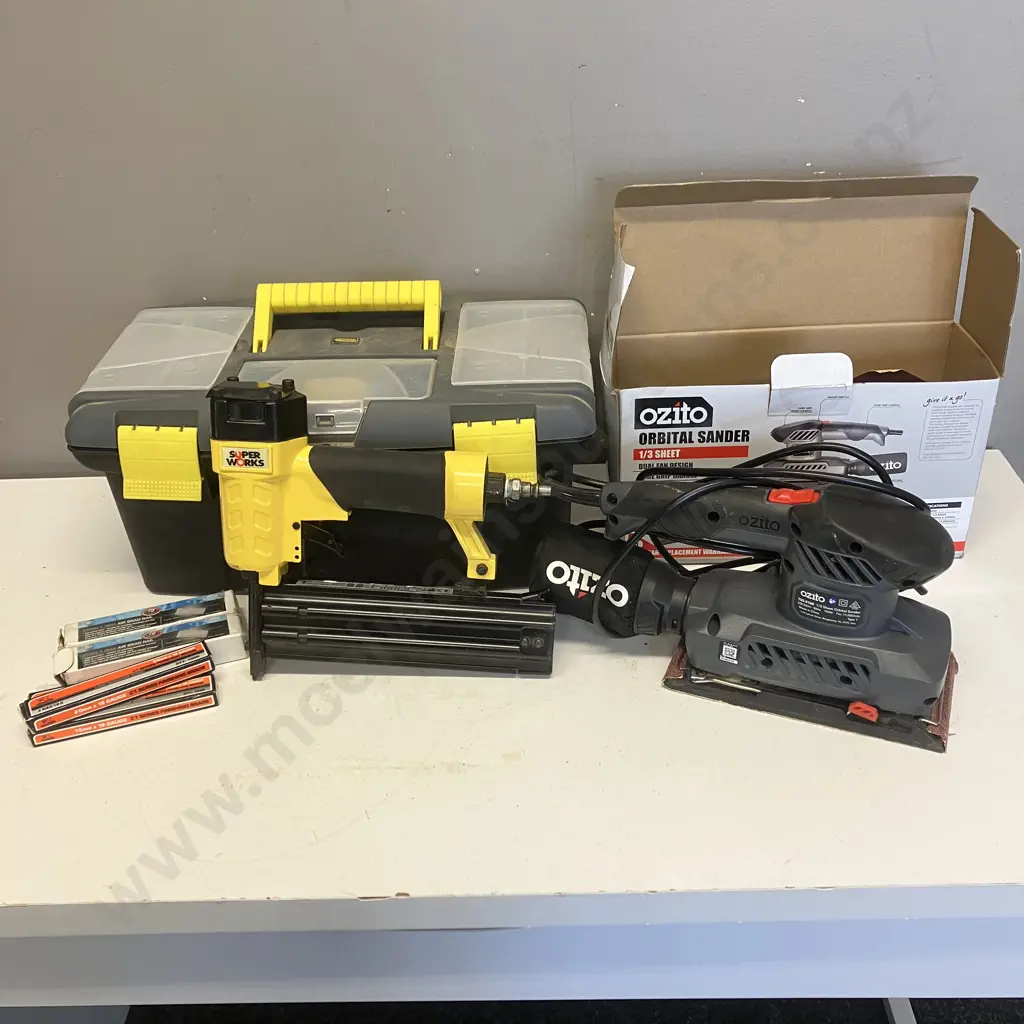SuperWorks Air Brad Nailer, Brad Packs, Stanley Toolbox & Ozito Orbital Sander 1/3 Sheet Image 1++