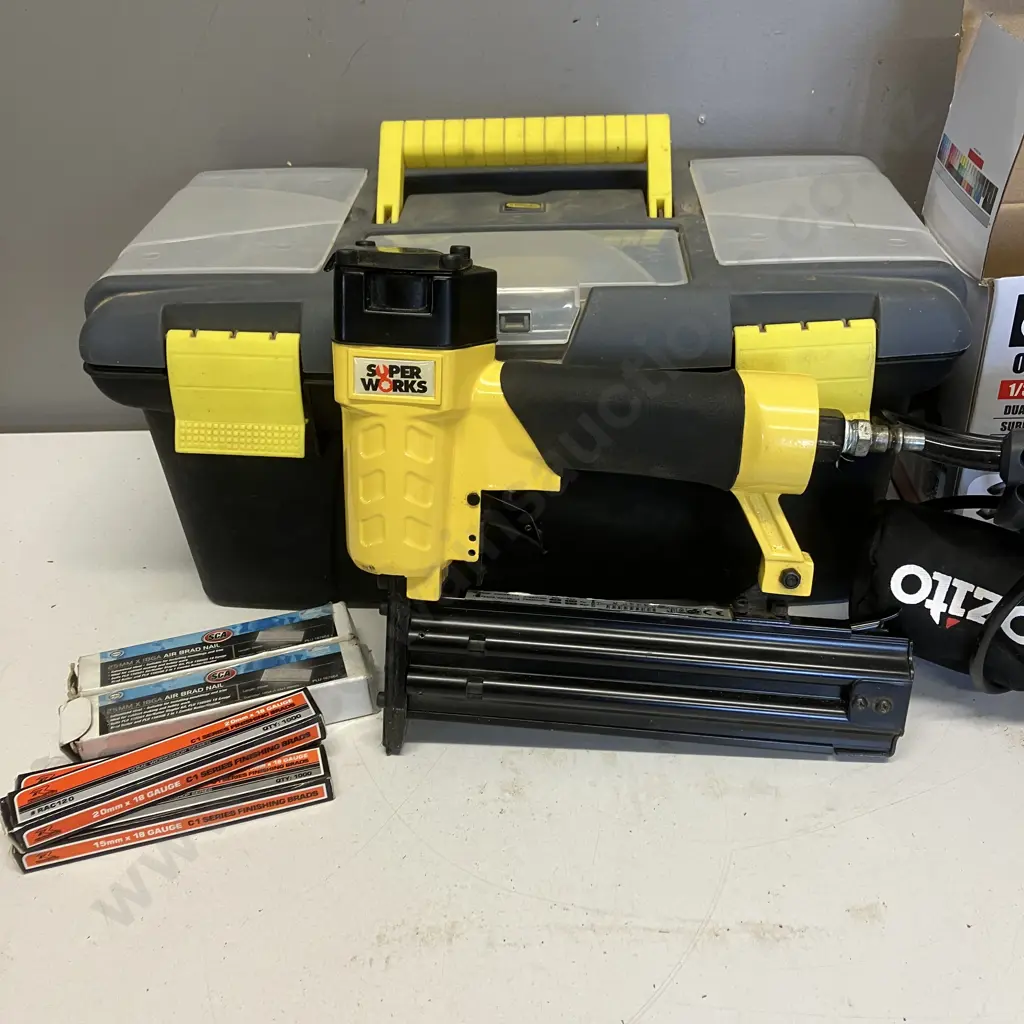 SuperWorks Air Brad Nailer, Brad Packs, Stanley Toolbox & Ozito Orbital Sander 1/3 Sheet Image 1++