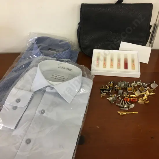 Mens Shirts - CK SZ40 Lt Blue, Van Heusen Sz41 Navy, Asstd Cufflinks, Tie Pins, Toilet Bag, Perfume Set
