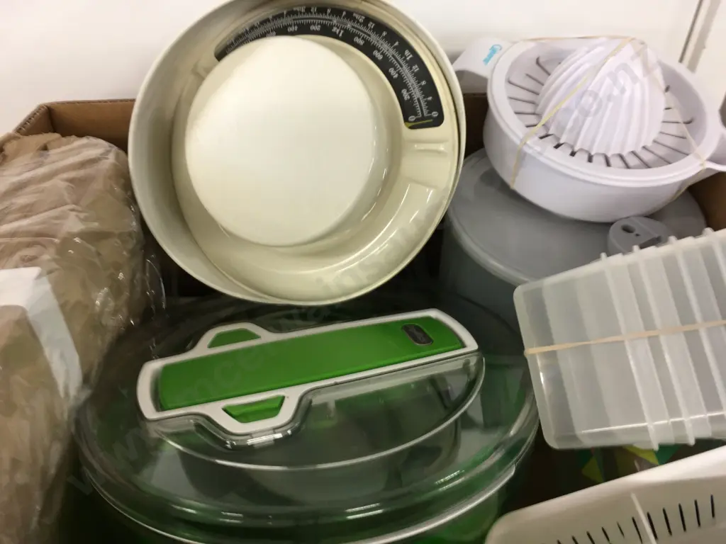 Box Of Plasticware Etc, Zyliss Spinner, Scales, Cuisena Juicer, Paper Bags Image 1++